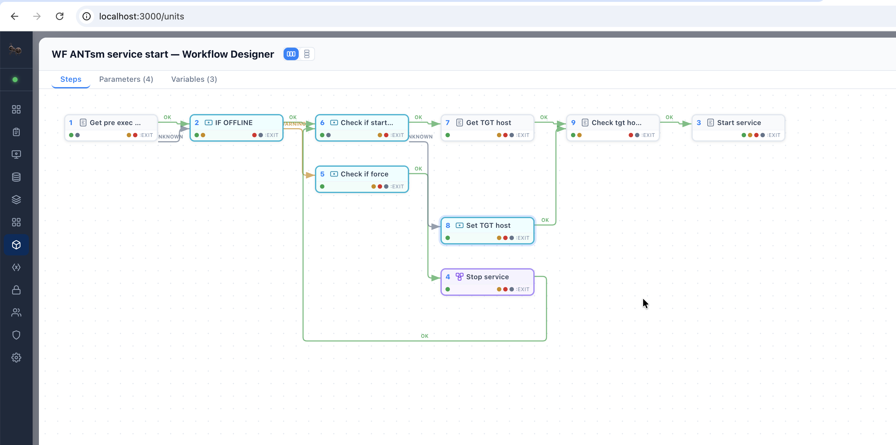 SAP automation workflow designer in ANTomat — parallel branches, nested workflows and disaster-recovery (DR) scenarios with REST and custom functions